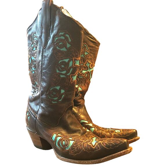 Corral Womens Boots 10 M Antique Brown Turquoise Saddle Rose Cross Inlay Western - Picture 2 of 13